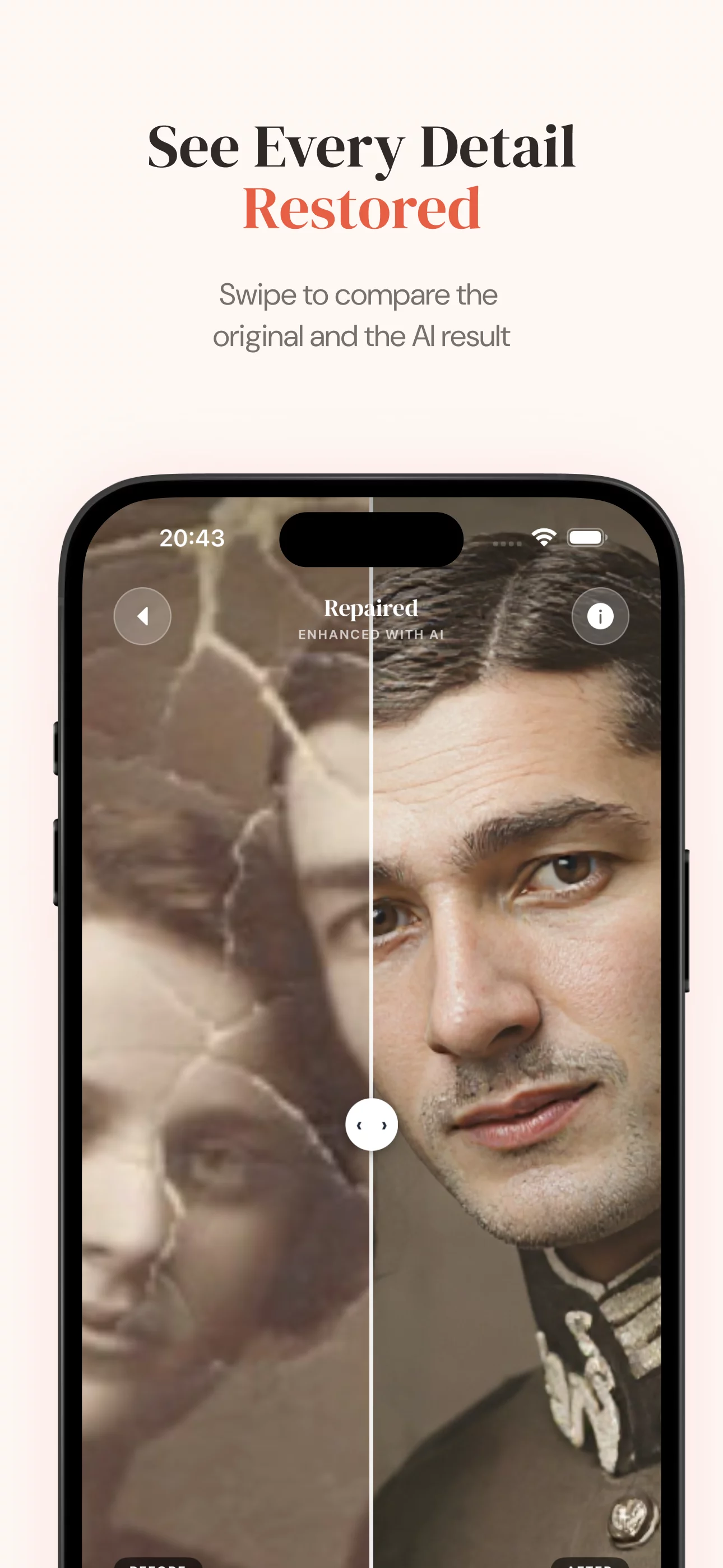 SnapRenew before-and-after comparison slider showing a restored vintage military portrait
