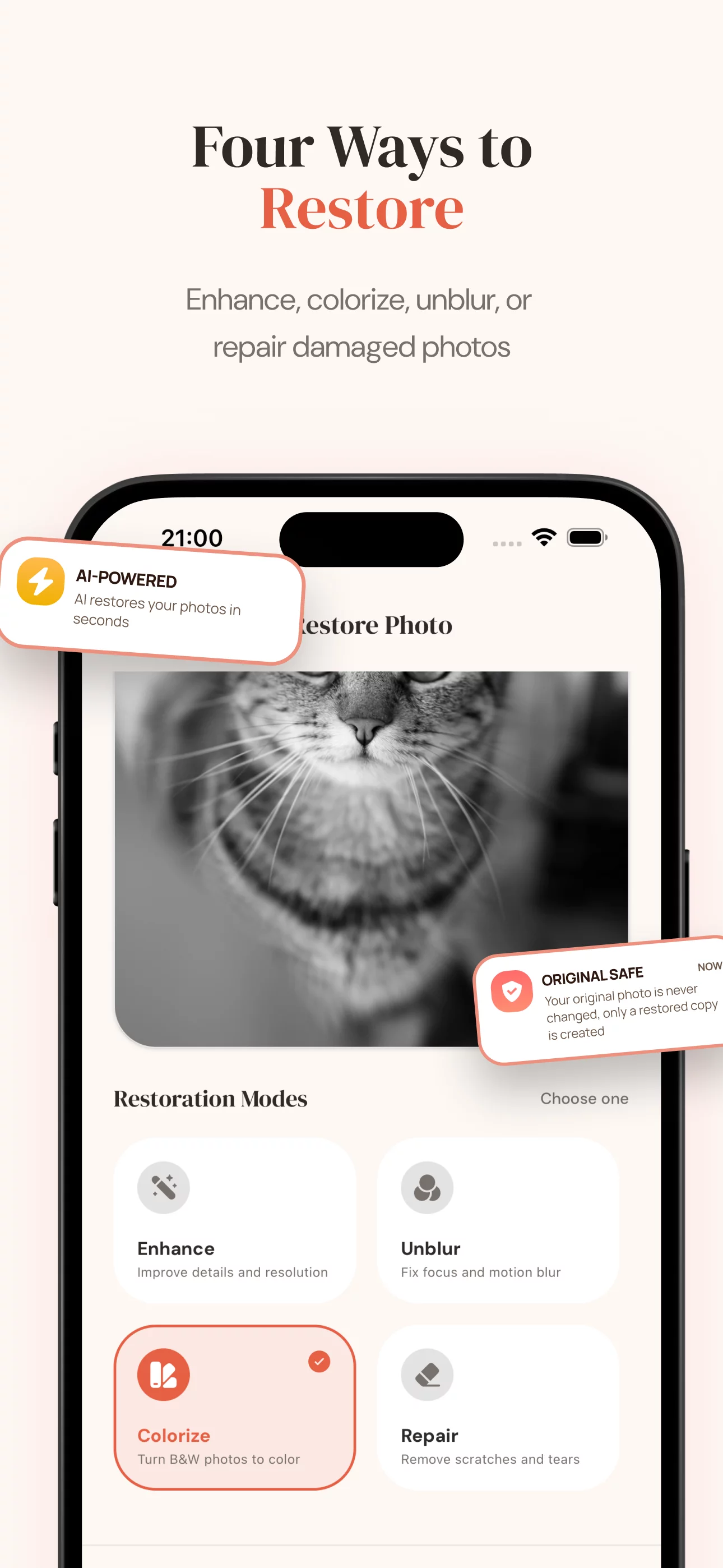 SnapRenew restoration mode selection with four options: enhance, unblur, colorize, and repair