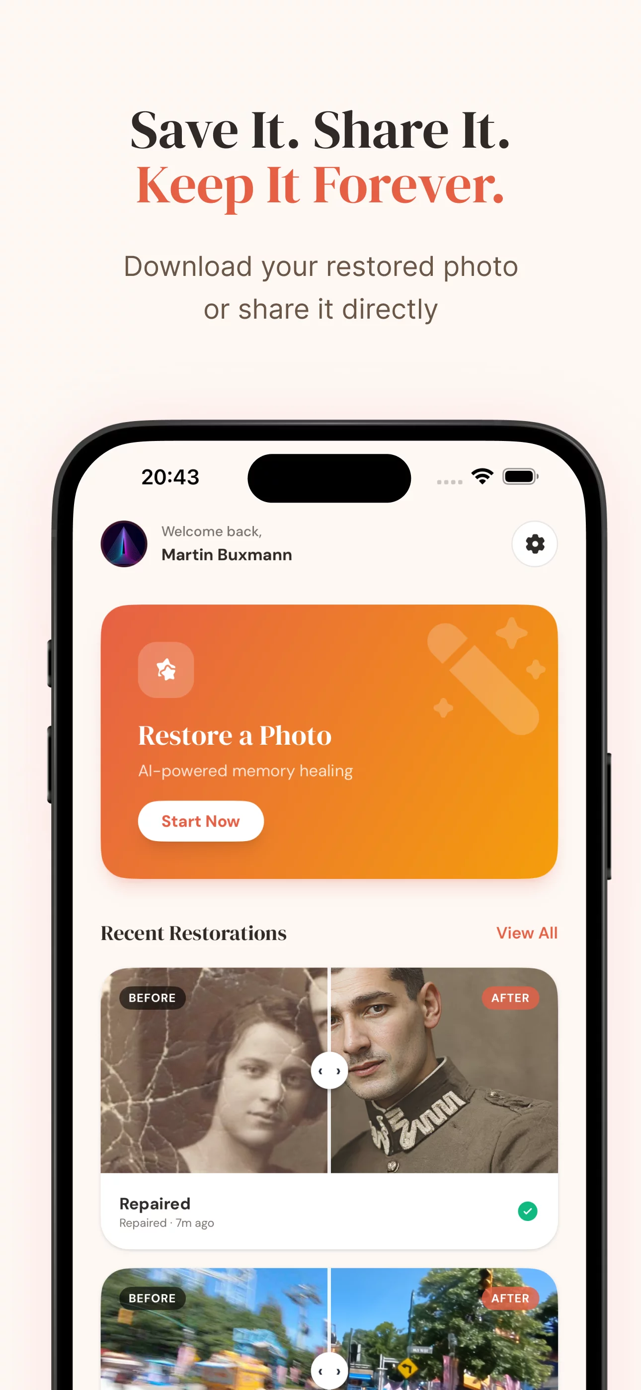 SnapRenew home dashboard with recent restorations and before-and-after previews