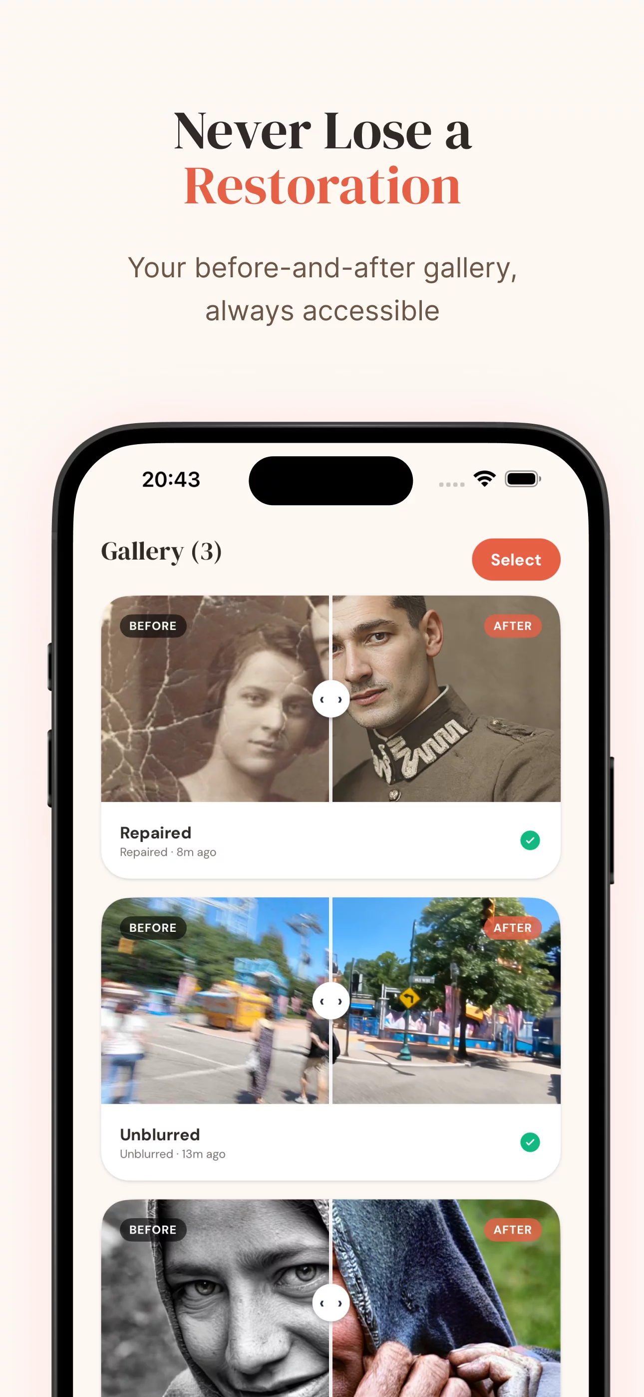 SnapRenew gallery view displaying all restored photos with before-and-after comparisons
